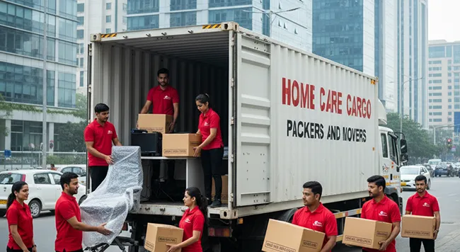 Organized office relocation service with careful handling of office furniture and electronics, provided by Home Care Cargo Packers in Gurugram.