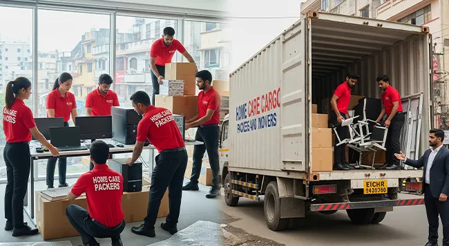 Home Care Cargo Packers team efficiently packing office furniture and electronics into a truck for office relocation, with movers in branded red uniforms. Professional office relocation services in action.