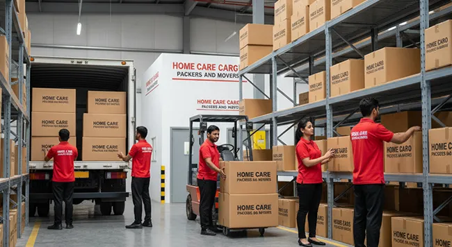 Organizing goods in a secure warehouse for safe storage, managed by Home Care Cargo Packers in Ahmedabad.