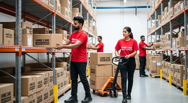 Home Care Cargo Packers team efficiently organizing boxes in a secure warehouse. Movers in red uniforms use a pallet jack to move labeled boxes, reflecting professional storage and warehousing services.